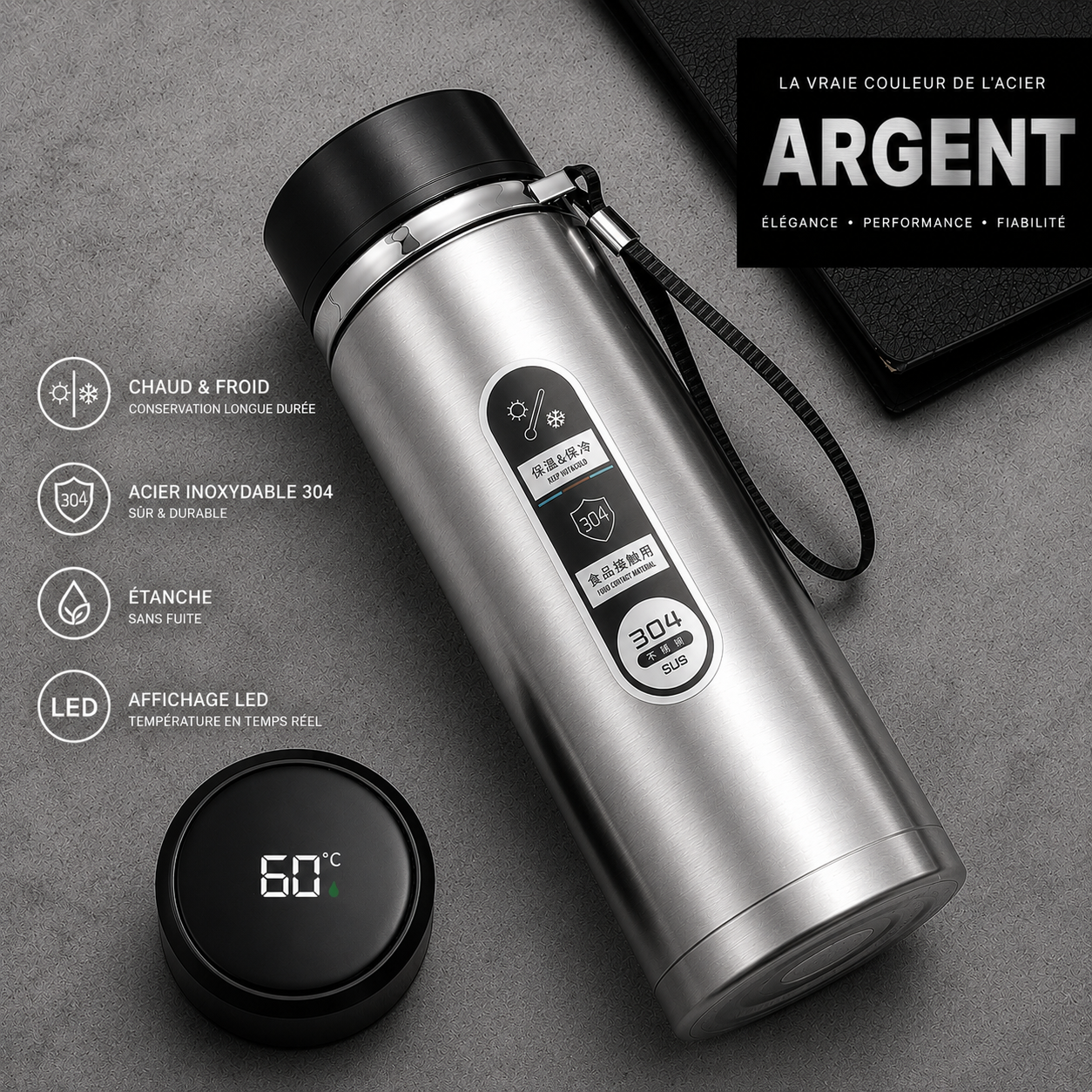 Bouteille Isotherme LED SoftAura 500ml-1L | Acier SUS304 Sous Vide