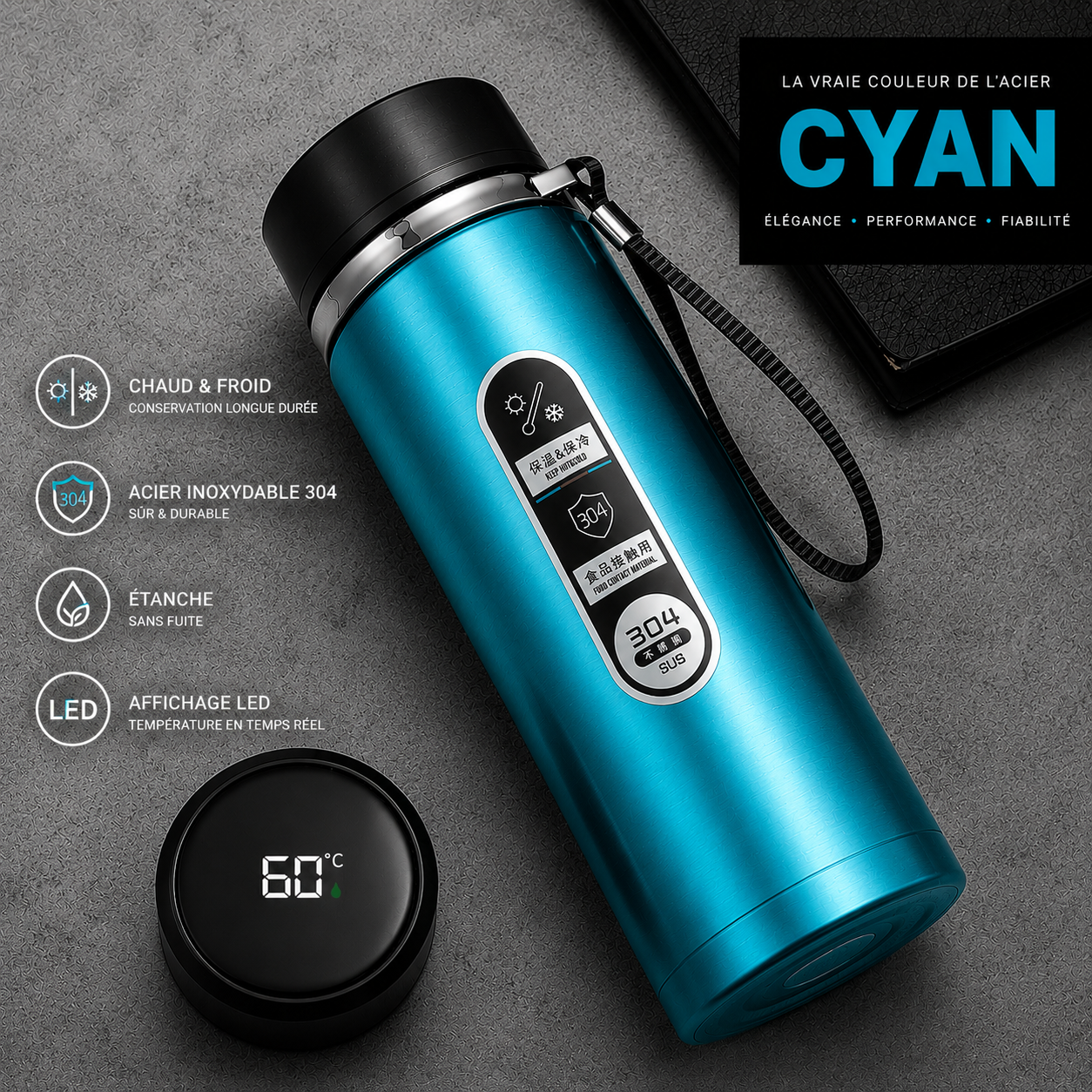 Bouteille Isotherme LED SoftAura 500ml-1L | Acier SUS304 Sous Vide