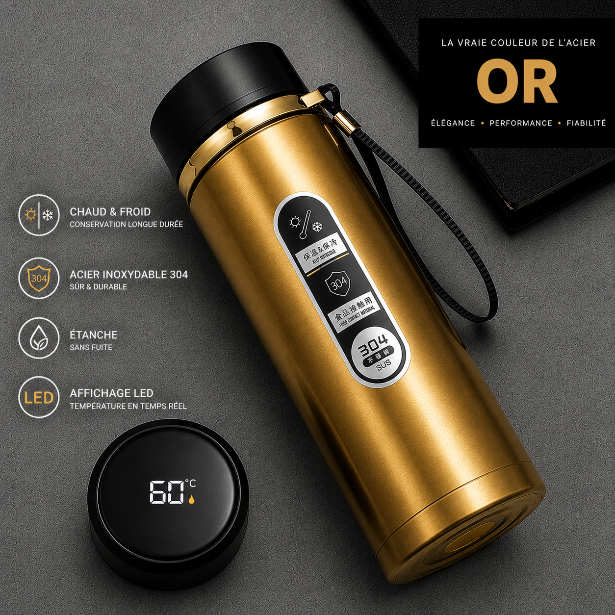 Bouteille Isotherme LED SoftAura 500ml-1L | Acier SUS304 Sous Vide